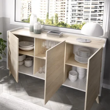 DEKIT Muebles De Salón^Aparador De 3 Puertas Ness Blanco - Natural 155 X 75 X 43 Cm