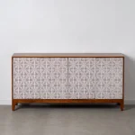 IXIA Muebles De Salón^Aparador De Madera De Mango 4 Puertas Con Diseño Geométrico Natural Y Blanco 160 X 80 X 40 Cm