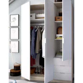 DEKIT Armarios Blancos|Armarios Roperos^Armario Essen 3 Puertas Y 3 Cajones Roble Natural - Blanco 121 X 184 X 52 Cm