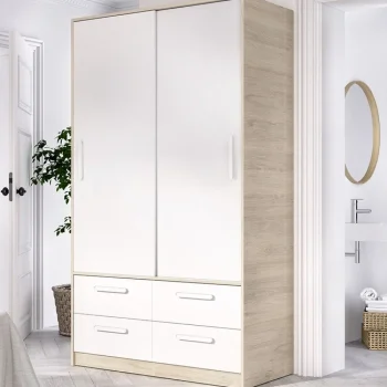 DEKIT Armarios Blancos|Armarios Con Cajones^Armario Slide 2 Puertas Correderas 4 Cajones Blanco - Roble Natural