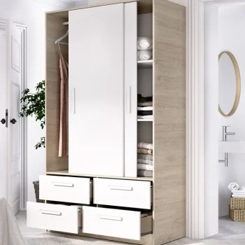 DEKIT Armarios Blancos|Armarios Con Cajones^Armario Slide 2 Puertas Correderas 4 Cajones Blanco - Roble Natural