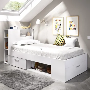 DEKIT Camas Baratas^Cama Compacta Con Cabecero Integrado Lanka Blanca Con Un Cajón Y Puerta 99 X 96 X 218 Cm