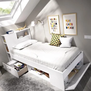DEKIT Camas Baratas^Cama Compacta Con Cabecero Integrado Lanka Blanca Con Un Cajón Y Puerta 99 X 96 X 218 Cm