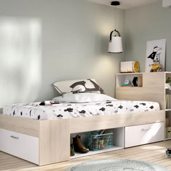 DEKIT Camas Baratas^Cama Compacta Con Cabecero Integrado Lanka Roble Natural - Blanco Con Un Cajón Y Puerta 99 X 96 X 218 Cm
