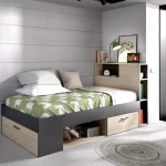 DEKIT Camas Baratas^Cama Compacta Con Cabecero Integrado Lanka Roble Natural - Grafito Con Un Cajón Y Puerta 99 X 96 X 218 Cm