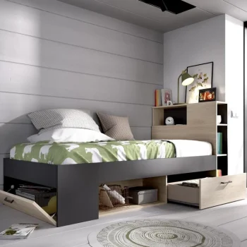 DEKIT Camas Baratas^Cama Compacta Con Cabecero Integrado Lanka Roble Natural - Grafito Con Un Cajón Y Puerta 99 X 96 X 218 Cm