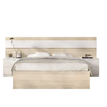 DEKIT Conjuntos Dormitorios Matrimonio Baratos^Cama Con Cabecero Y 2 Mesitas De Noche Niza Roble Natural - Blanco 248 X 96 X 196 Cm
