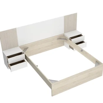 DEKIT Conjuntos Dormitorios Matrimonio Baratos^Cama Con Cabecero Y Dos Mesitas De Noche Loma Blanco - Alistonado - Roble Natural 259 X 96 X 196 Cm