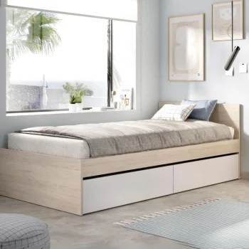 DEKIT Camas Nido Madera|Camas Nido 90^Cama Nido Con Cabecero Y Dos Cajones Top En Blanco - Roble Natural 96 X 67 X 195 Cm