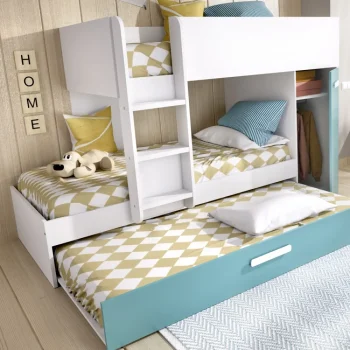 DEKIT Camas Tren|Camas Nido 90^Cama Tren Con 3 Camas Tom Blanco - Esmeralda 244 X 150 X 112 Cm