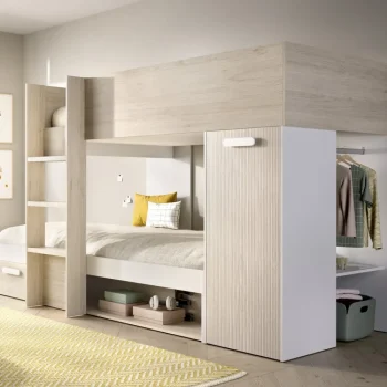 DEKIT Camas Tren^Cama Tren Kos Con Vestidor Y Armario Blanco - Alistonado - Roble Natural 245,8 X 150 X 111,7 Cm