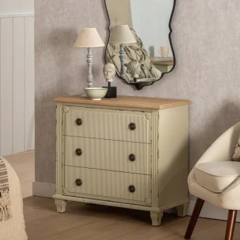 IXIA C贸modas^Cómoda De Madera Abeto Vintage 3 Cajones Crema 80 X 73 X 38 Cm