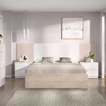 DEKIT Conjuntos Dormitorios Matrimonio Baratos^Dormitorio Completo Loma 2 Con Estructura De Cama, Dos Mesitas Y Sinfonier En Blanco Y Alistonado