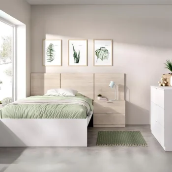 DEKIT Dormitorios Juveniles Completos^Dormitorio Juvenil Moderno Bito Roble Natural - Blanco: Estructura De Cama Con Cabecero, Mesita De Noche Y Cómoda