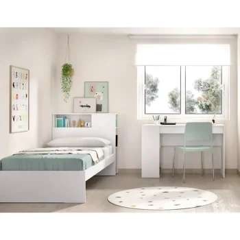 DEKIT Dormitorios Juveniles Completos^Dormitorio Moderno Ten: Estructura De Cama Con Cabecero, Mesita, Estantería Y Escritorio Blanco