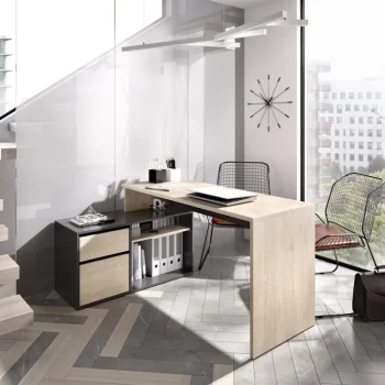 DEKIT Escritorios Esquineros Juveniles|Escritorios De Madera Juveniles^Escritorio Angular Rox Con Cajón Roble Natural - Grafito 139 X 75 X 92 Cm