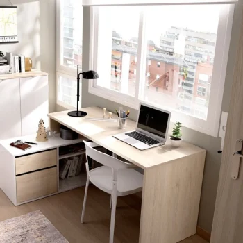 DEKIT Escritorios Esquineros Juveniles|Escritorios Juveniles Para PC^Escritorio Angular Rox Con Cajón Roble Natural - Blanco Brillo 139 X 75 X 92 Cm