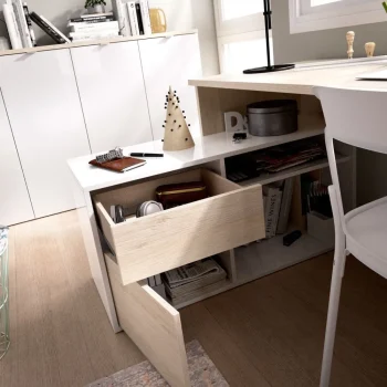 DEKIT Escritorios Esquineros Juveniles|Escritorios Juveniles Para PC^Escritorio Angular Rox Con Cajón Roble Natural - Blanco Brillo 139 X 75 X 92 Cm