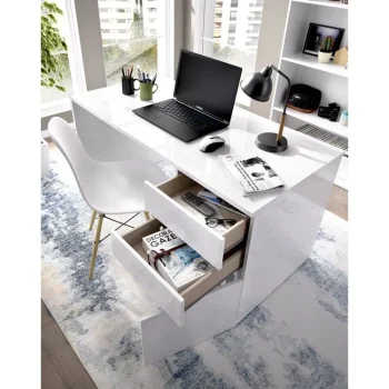 DEKIT Escritorios Juveniles Para PC|Escritorios Juveniles Minimalistas^Escritorio Shiro Blanco Brillo Con 2 Cajones Y 1 Puerta 139 X 75 X 60 Cm