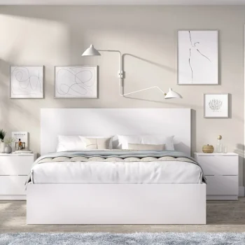 DEKIT Conjuntos Dormitorios Matrimonio Baratos^Estructura De Cama Con Cabecero Y 2 Mesitas De Noche Lago Blanca 246 X 100 X 195 Cm