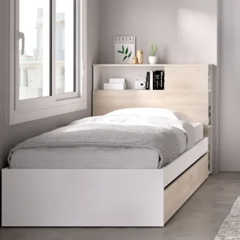 DEKIT Camas Nido Con Cabecero|Camas Nido Madera^Estructura De Cama Con Dos Cajones Y Cabecero Con Estante Y Mesita Ten Blanco - Roble Natural 99 X 96 X 218,2 Cm