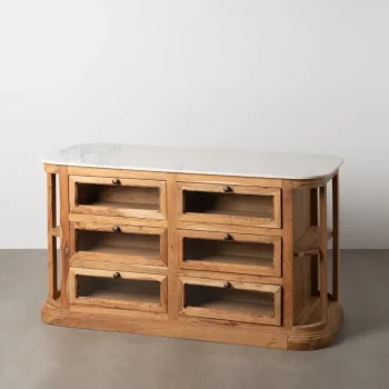 IXIA Muebles De Salón^Isla Aparador De 12 Cajones Vitrina En Madera De Mango Natural Y Mármol 155 X 88 X 50 Cm