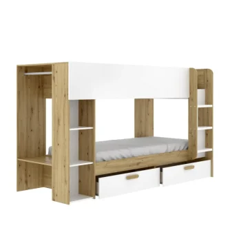 DEKIT Camas Nido Literas^Litera Vinty 2 Cajones Con Estantería Y Vestidor Blanco - Nordic 245 X 150 X 110 Cm