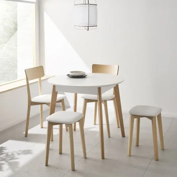 VELASCO Mesas De Cocina Extensibles^Mesa Redonda Extensible Blanco Mate Móstoles, Patas De Madera 90 X 77 X 90 Cm