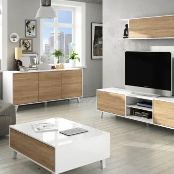 FORES Muebles De Salón^Salón Completo Zaiken Plus Blanco Brillo - Roble Canadian Estilo Nórdico